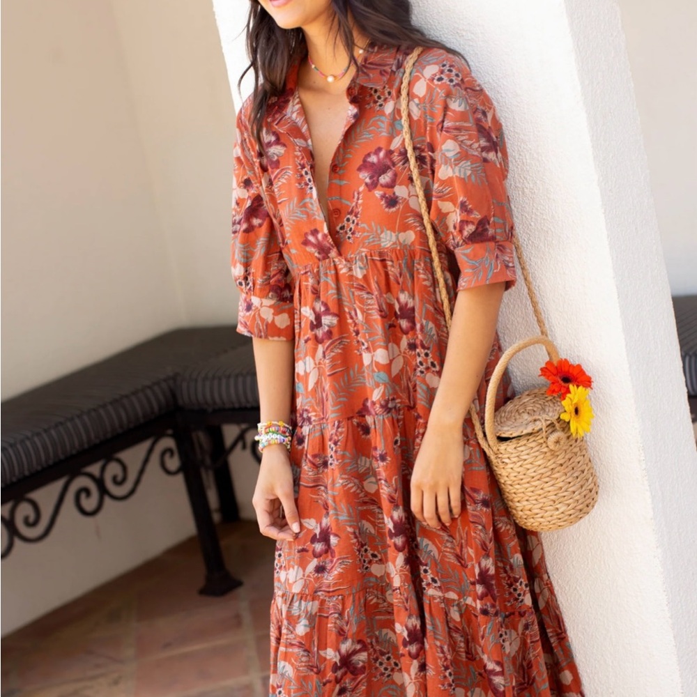 Natural Life Rebecca Midi Dress - Orange Tropical Floral